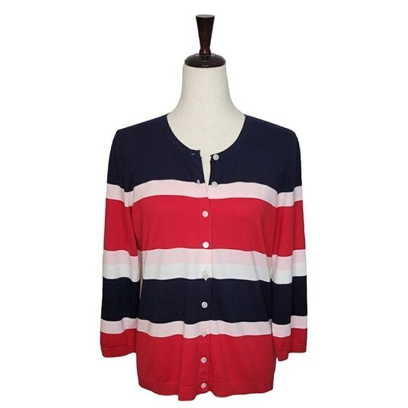 Talbots Navy Blue Striped Button Down Cardigan Size LP - Picture 1 of 7